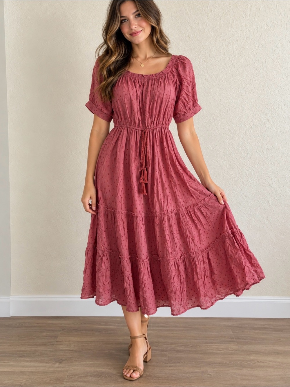 bishop + young Dusty Rose Mauve Tiered Midi Dress with Tie Waist